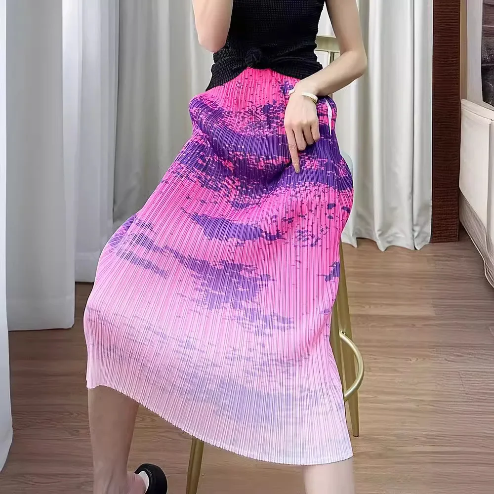 Miyake Pleated Skirt Women's 2024 Summer New Style High-waisted Temperament Slimming Slit Fashionable Mid-length Printed Skirt