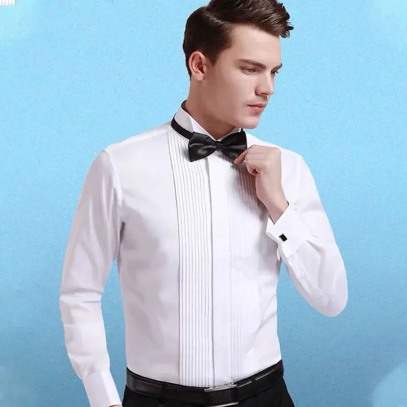 

2024 new men's long sleeve shirt High quality tuxedo standing collar wedding dress shirt men's white French cufflink shirt