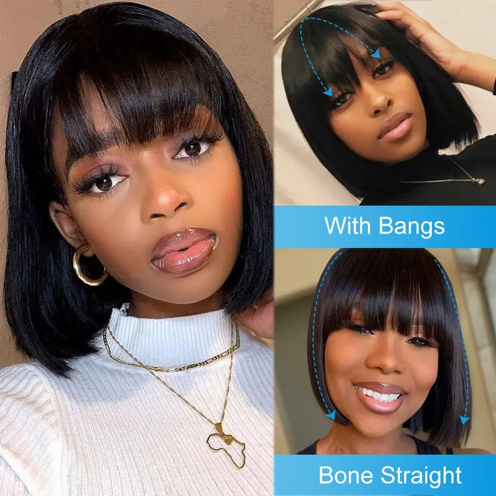 Straight Human Hair Wigs For Women Human Hair Glueless Wig Human Hair Bob Hair Wig With Bangs No Lace Fringe Wig