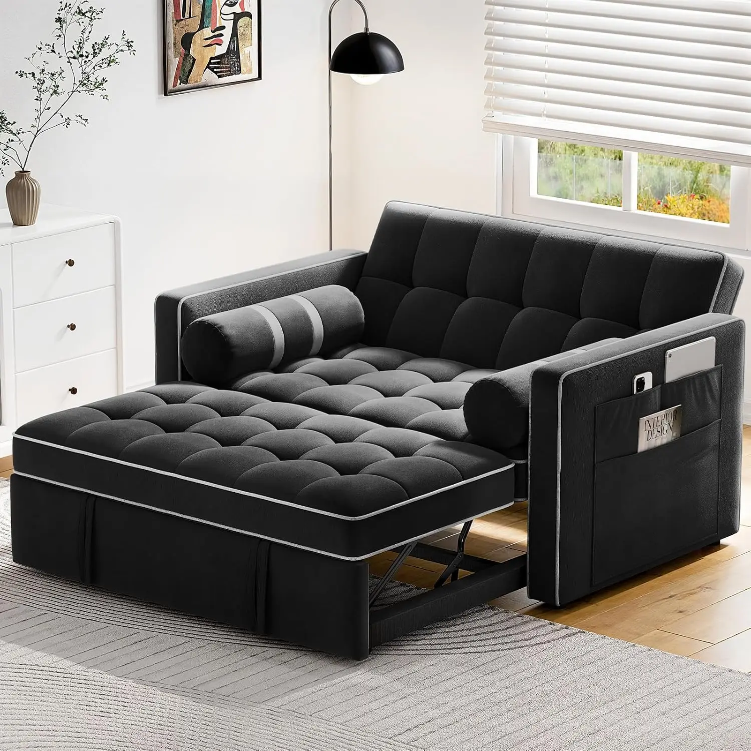 Black Velvet 3 In 1 Sleeper Sofa Bed Adjustable Backrest Usb Type C Ports Side Pockets 24 Inch Deep Seat 5 9 Inch Thick Cushion