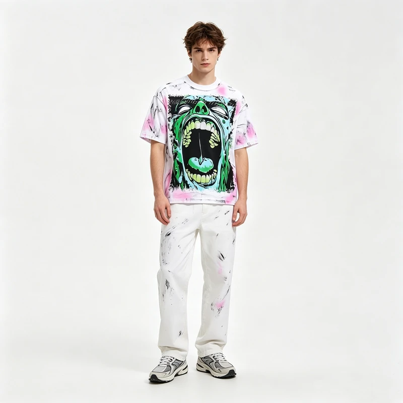 Monster-Schrei-Grafik-T-Shirt für Herren, Strass-Verzierung, Pink Tie-Dye, Oversized Punk Gothic Vintage Streetwear T-Shirt, Washed-Look – Detail 3