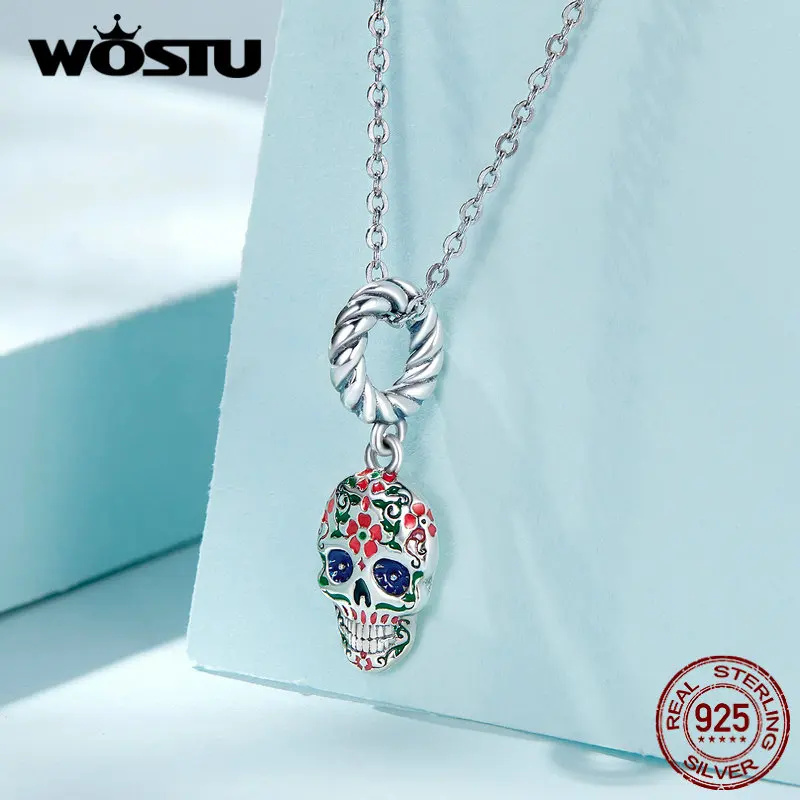 Wostu 925 Sterling Silver Skull Pendants Halloween Bold Enamel Face Beads Fit Original Bracelet Charms Jewelry Making DIY Gift