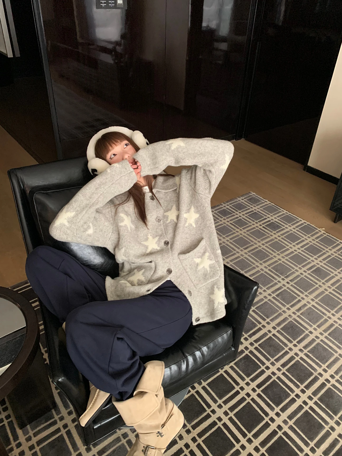 

Женский вязаный кардиган IceFront с воротником и звездным принтом, модный свободный крой, длинный рукав