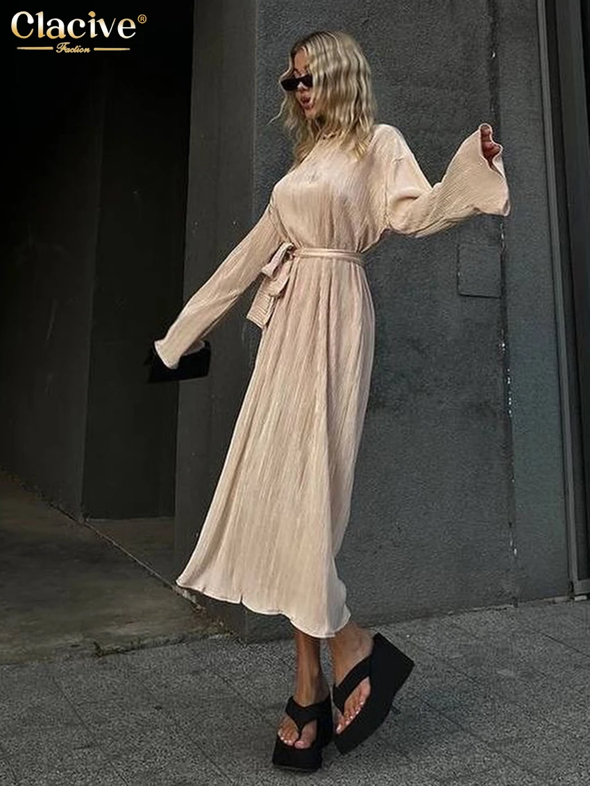 Clacive Fashion Loose Brown Pleated Women Dress 2025 Casual O-Neck Long Sleeve Midi Dresses Elegant Classic Lace-Up Female Dress