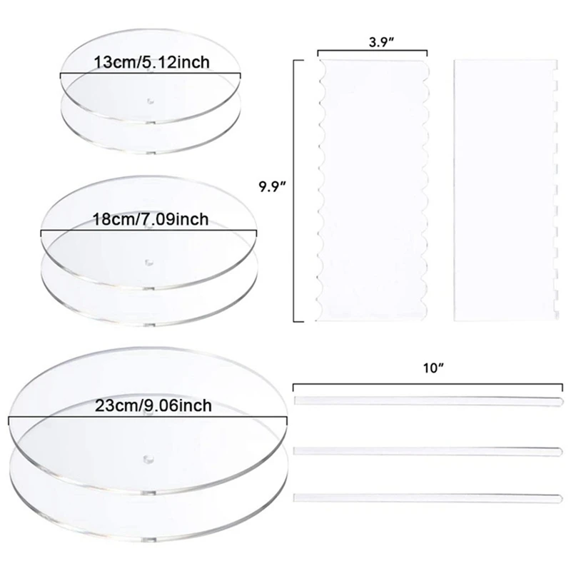 2 Set Acrylic Round Cake Disk Set - Cake Discs Circle Base Boards With Center Hole - Comb Scrapers (4 Patterns)