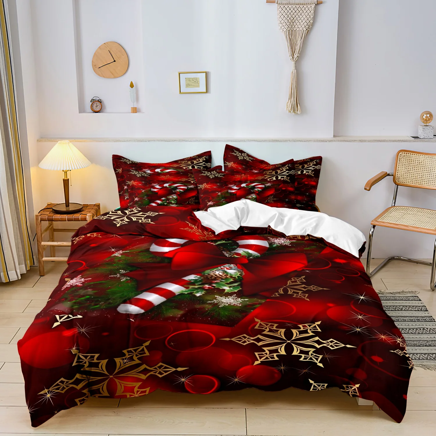 3pcs Dark Red Candy Cane Christmas Duvet Cover Set, Candy Cane Red Bow Golden Snowflake and Christmas Bauble Pattern Bedding