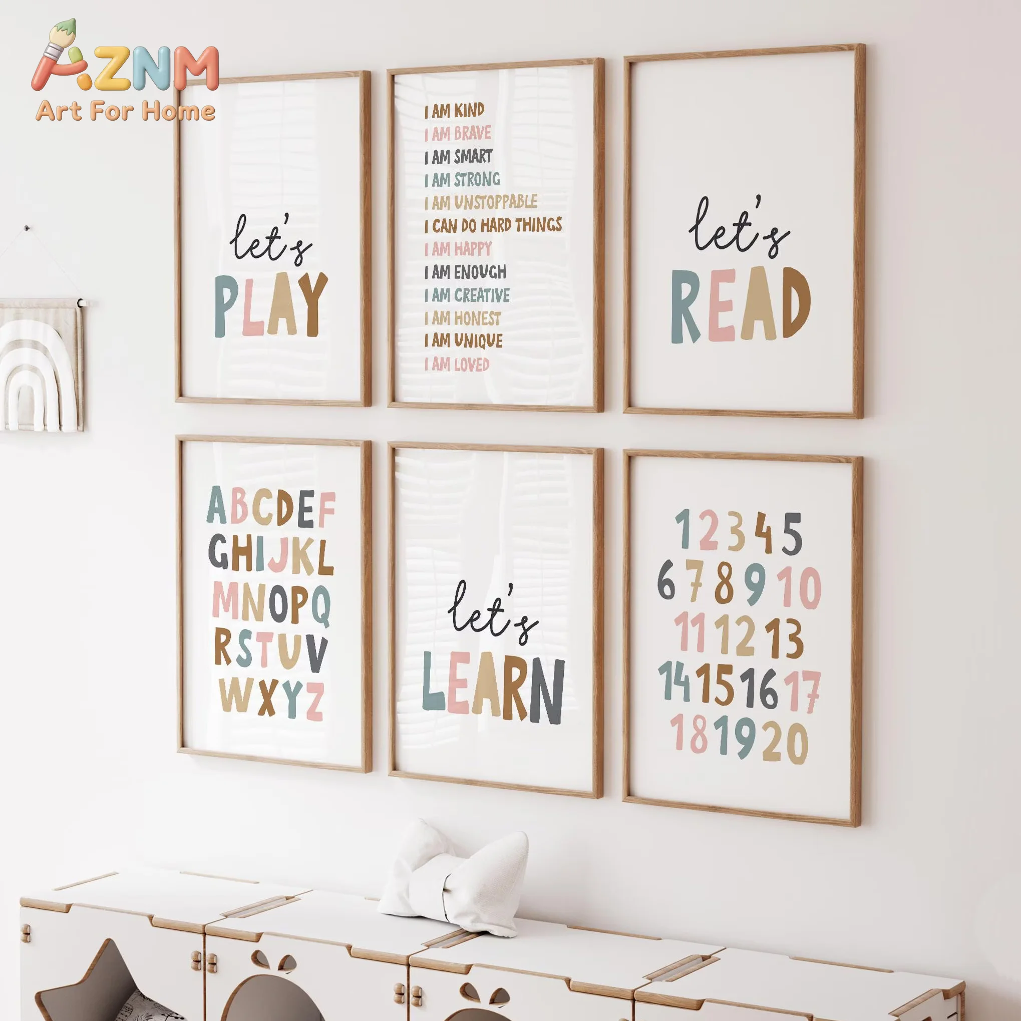 AZNM Boho Alphabet Number Positive Affirmation Canvas Wall Art Kids Playroom Nursery Educational Let's Read Learn Play Unframed