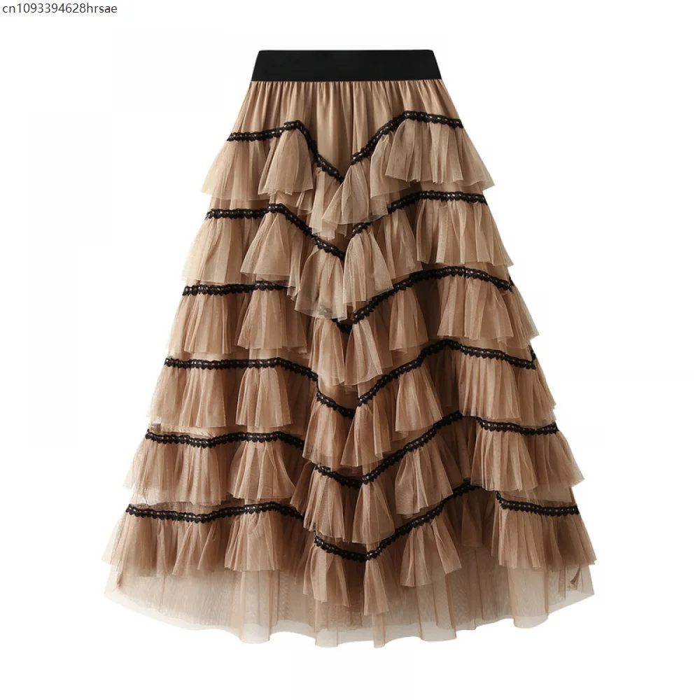 Women Long Sheer Tutu Skirt Tulle Mesh Layered Midi Skirt Holiday Multi Layer Dance Skirt Solid Cake Loose Halloween Party Skirt
