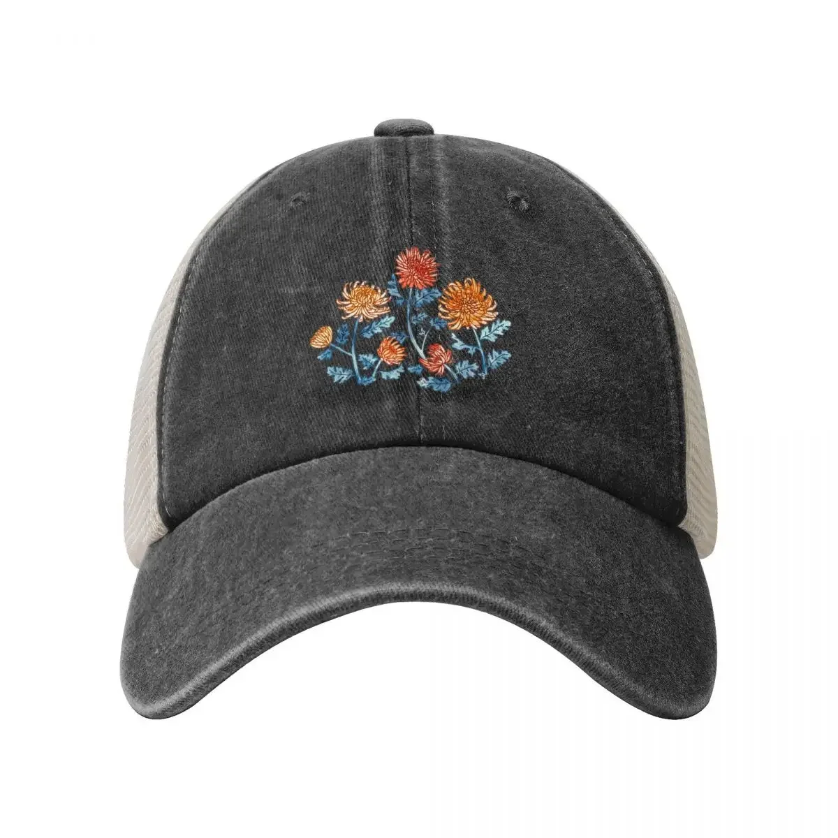 Chrysanthemum Watercolor & Pen Pattern - Cornflower Blue Cowboy Mesh Baseball Cap Kids Hat Men's Women's