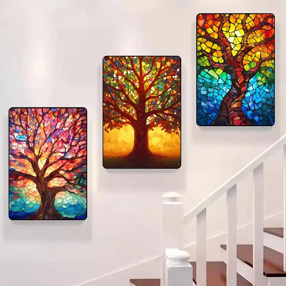 

Vibrant Stained Glass Tree Poster Sticky Wall Waterproof Home Living Room Bedroom Bar Aesthetic Decoration Perfect Gift