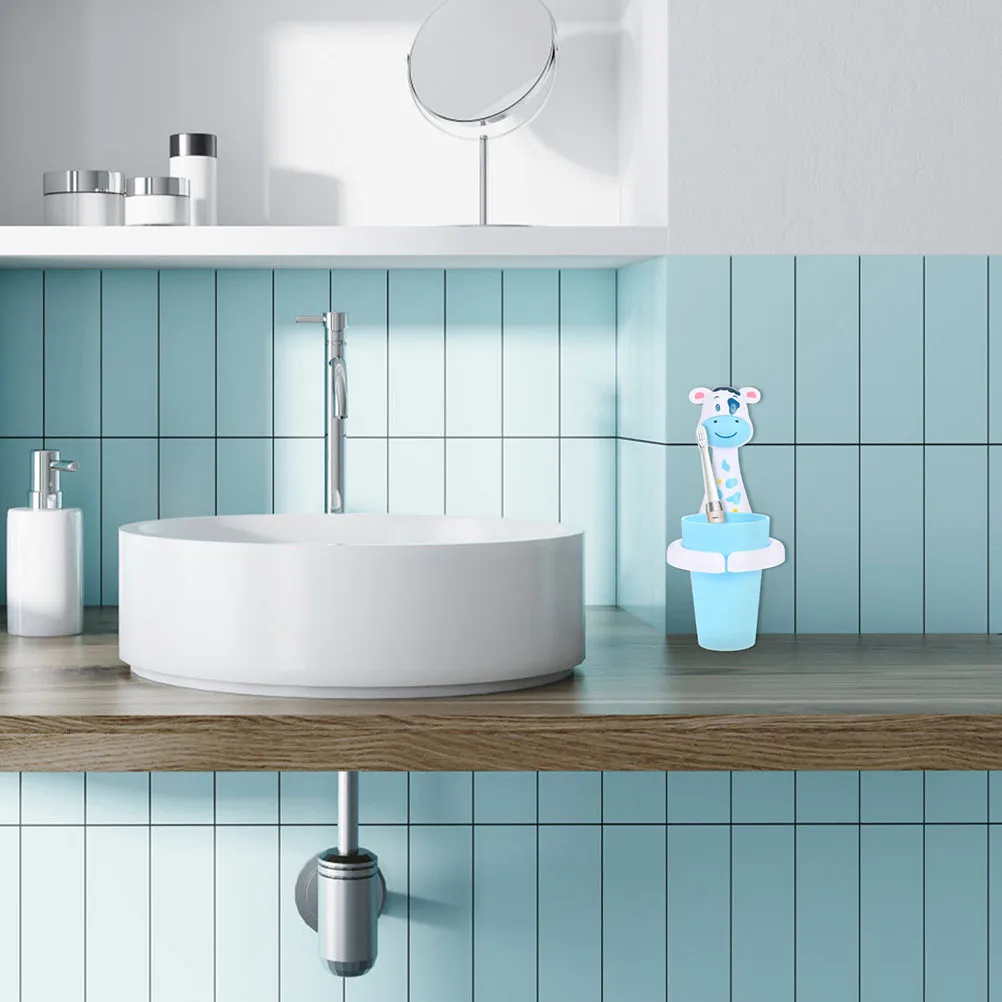 

2Sets Cartoon Animal Shaped Ecofriendly Selfadhesive Toothbrush Cup and Holder Bathroom Decor Gift Spacesaving