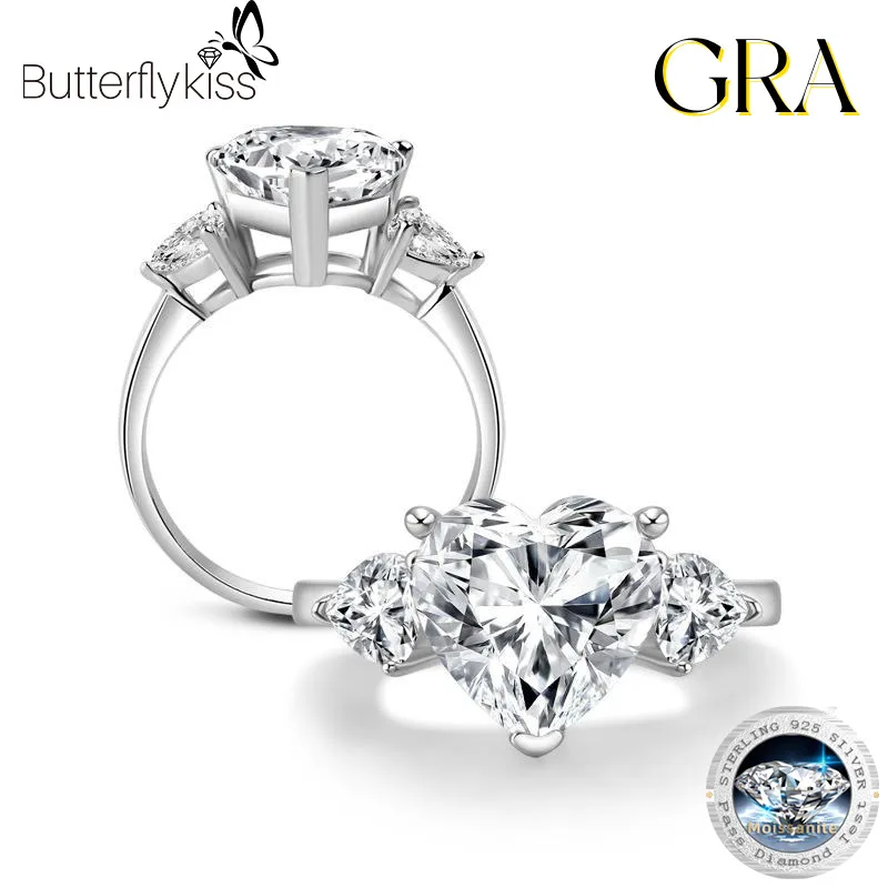 

Butterflykiss 3 Stone Heart Moissanite Engagement Rings For Women 925 Sterling Silver Anniversary Wedding Fashion Gift Jewelry