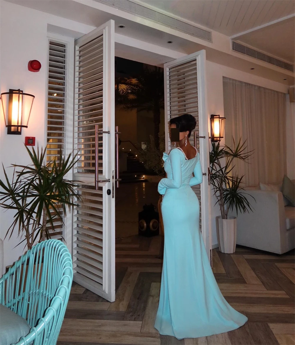 فستان سهرة كلاسيكي مخصص بدون حمالات بأكمام طويلة من الجيرسيه، فساتين مناسبة خاصة رائعة على شكل زهور حورية البحر واللؤلؤ