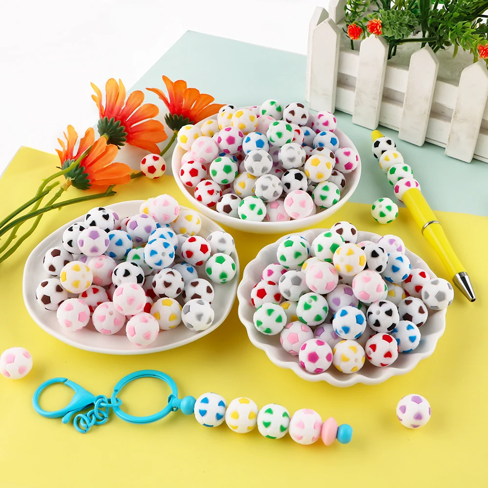 

10-50pcs 15mm Football Silicone Round beads Sports Series For Jewelry DIY Bracelets Key Chain Pen Handmade products