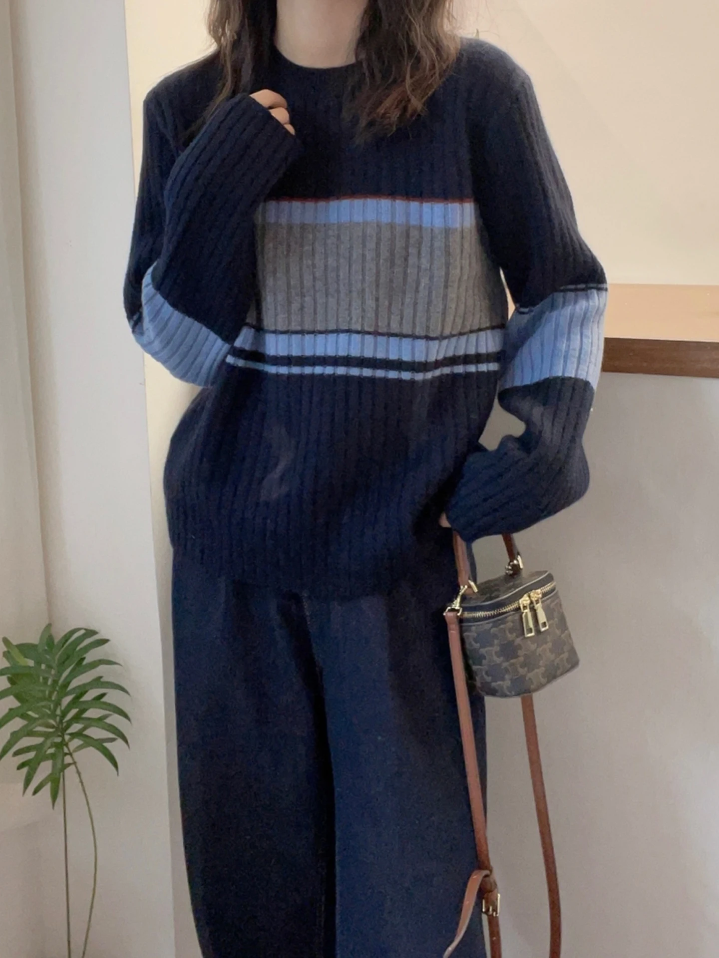 Cómodo suéter de punto para ir al trabajo Sle suelto largo Sve Casual invierno Faion Top mujer redondo Ne rayas Base irt