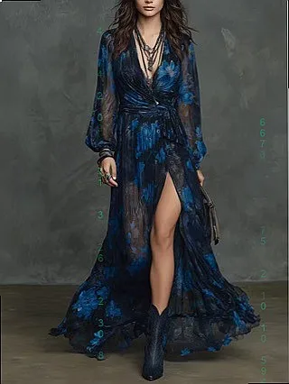 

KYP Printed Loose Plus Size Dress Dresses Spring Summer Fashion Lantern Sleeve Evening Gown