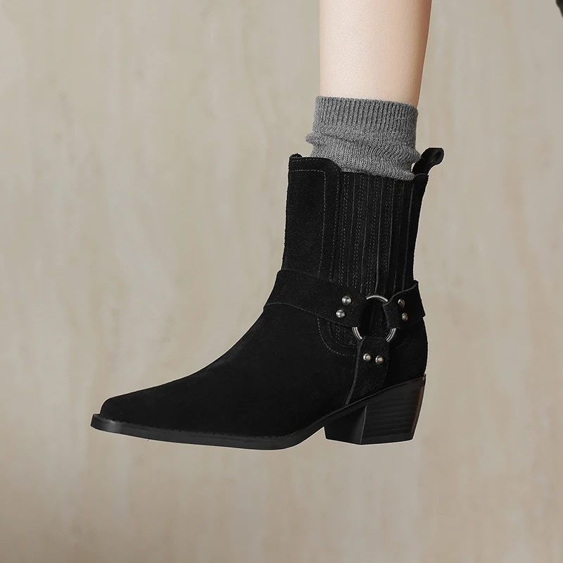 

2025 Новая кожаная обувь, женские ботильоны на высоком каблуке с квадратным носком, ботильоны на толстом квадратном каблуке, слипоны в стиле вестерн, женские ковбойские сапоги