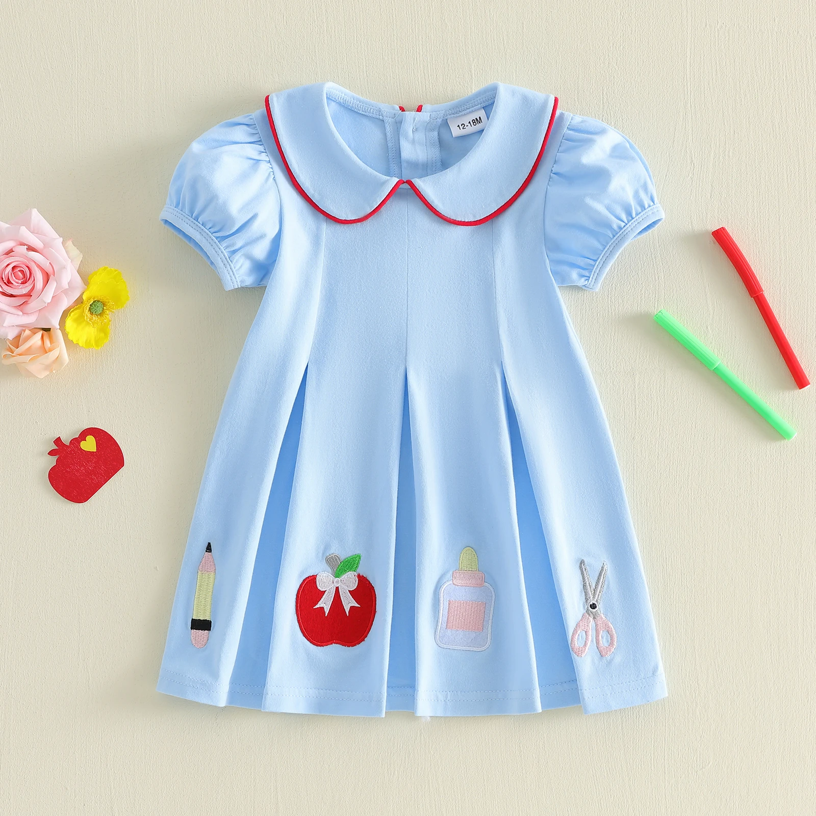 1-6Y Little Girls Back to School Dress Summer Short Sleeve Doll Collar Apple Scissors Pencil Embroidered Dress