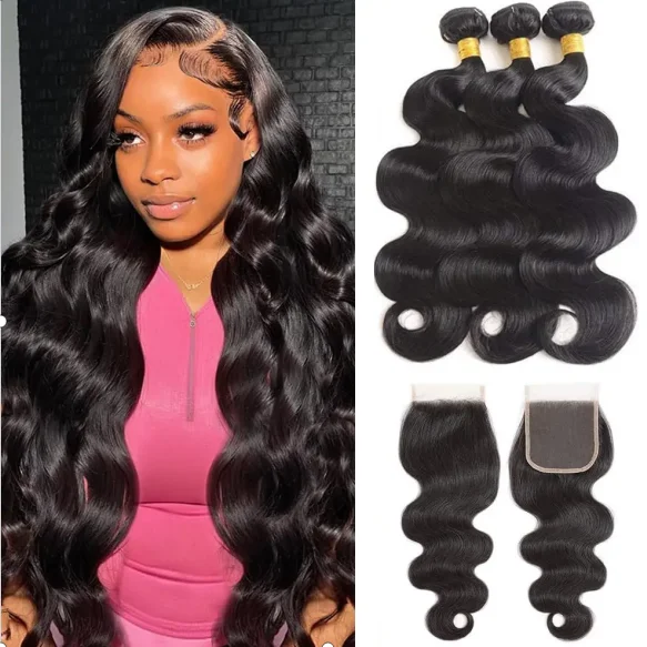 # 27 Honingblond Menselijk haarbundels met sluiting Body Wave-bundels Haar met 4x4 sluiting Braziliaans haarweefselbundels Haar Remy - afbeelding 1