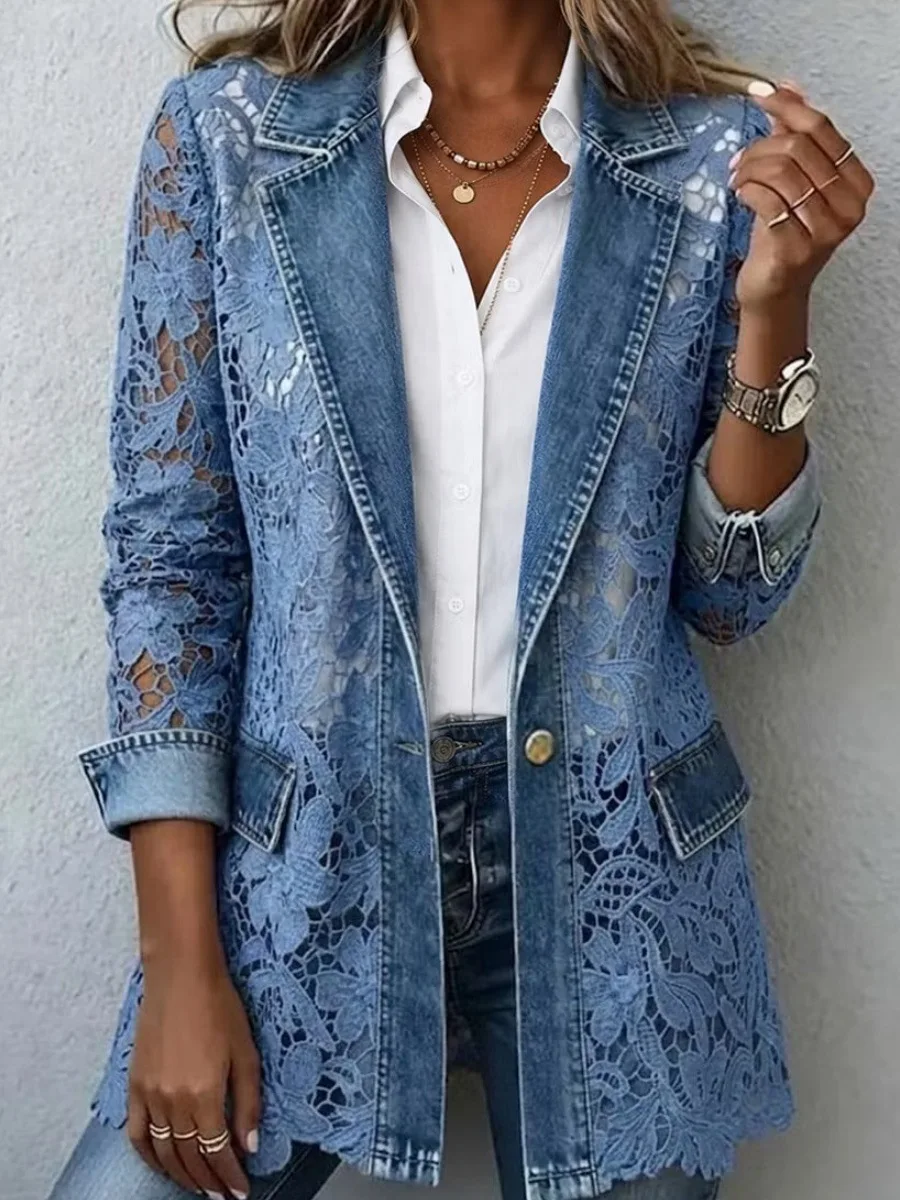 Damen Casual Patchwork-Jeansjacke mit Umlegekragen, Langarm-Spitzenhemd, Neuer Stil für Damen – Detail 2