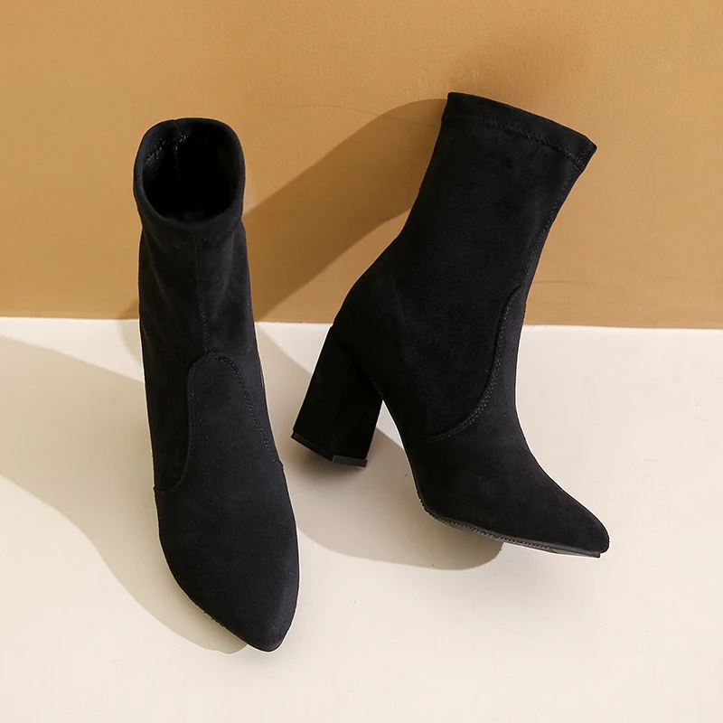 Winter new style chunky heel fashionable ankle boots for women sock boots available in multiple colors large sizes collection. view 3