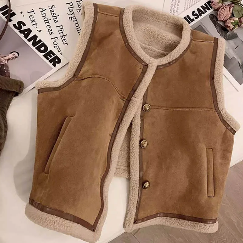 Gilet in pile per donna gilet in peluche con scollo a v cardigan Casual senza maniche giacche oversize invernali in pelo di agnello top larghi da donna