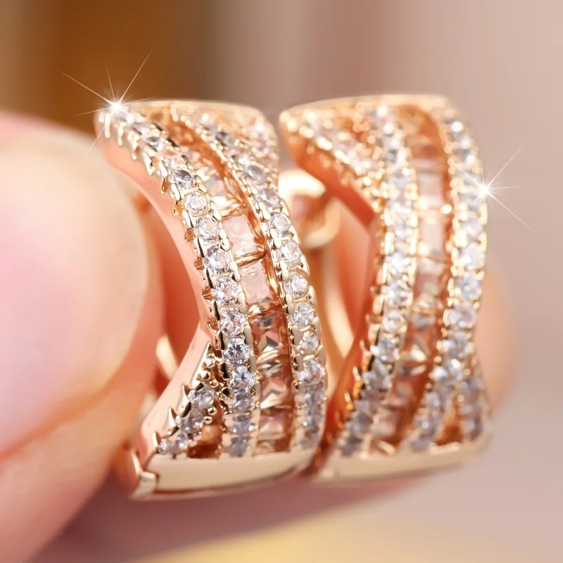 2026 New European and American Light Luxury Double Row Ladder Zirconia Wide Face Earrings with Square Diamond Arc Decoration