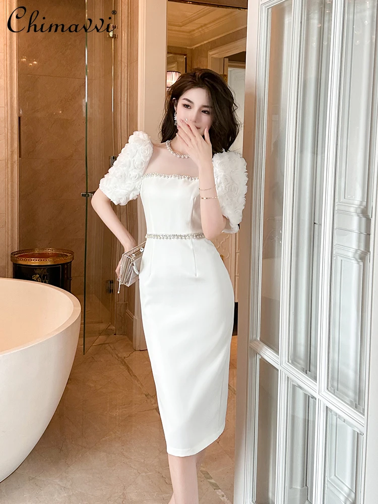 

French Socialite White Satin Pearl Rhinestone Square Collar 3D Flower Puff Sleeve Slim Hip-wrapped Bodycon Dress Women Summer