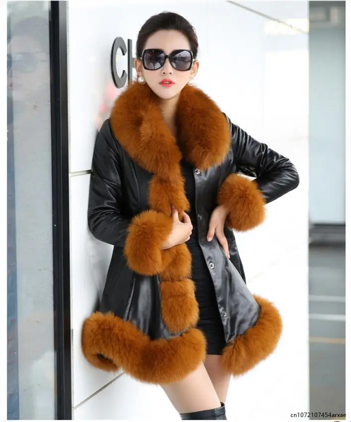 Jaqueta de couro PU com gola Faux Fox Fur para mulheres, casaco longo grosso, jaquetas femininas, S-6XL, inverno