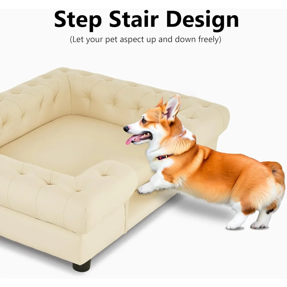 MCombo-sofá cama para mascotas, sofá para perros pequeños, de piel sintética, con escaleras pequeñas, 6321 (blanco crema)