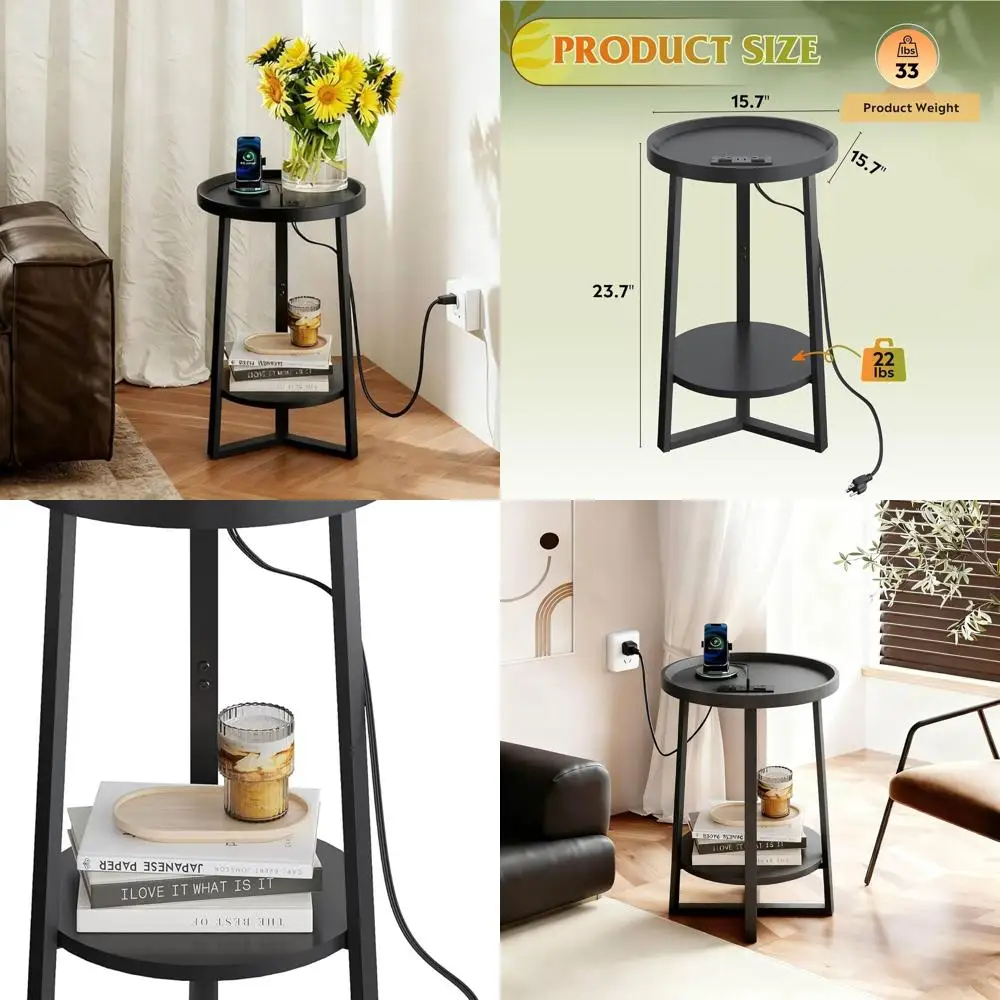 

Black 2-Tier Charging End Table with Storage, Ideal for Small Spaces in Living Rooms and Bedrooms