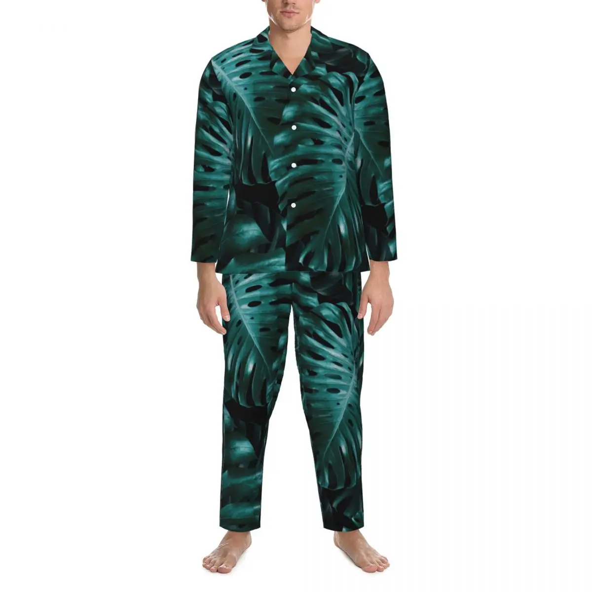 

Pajamas Man Jungle Night Leaf Bedroom Sleepwear Tropical Monstera 2 Piece Retro Pajama Sets Long-Sleeve Warm Oversized Home Suit