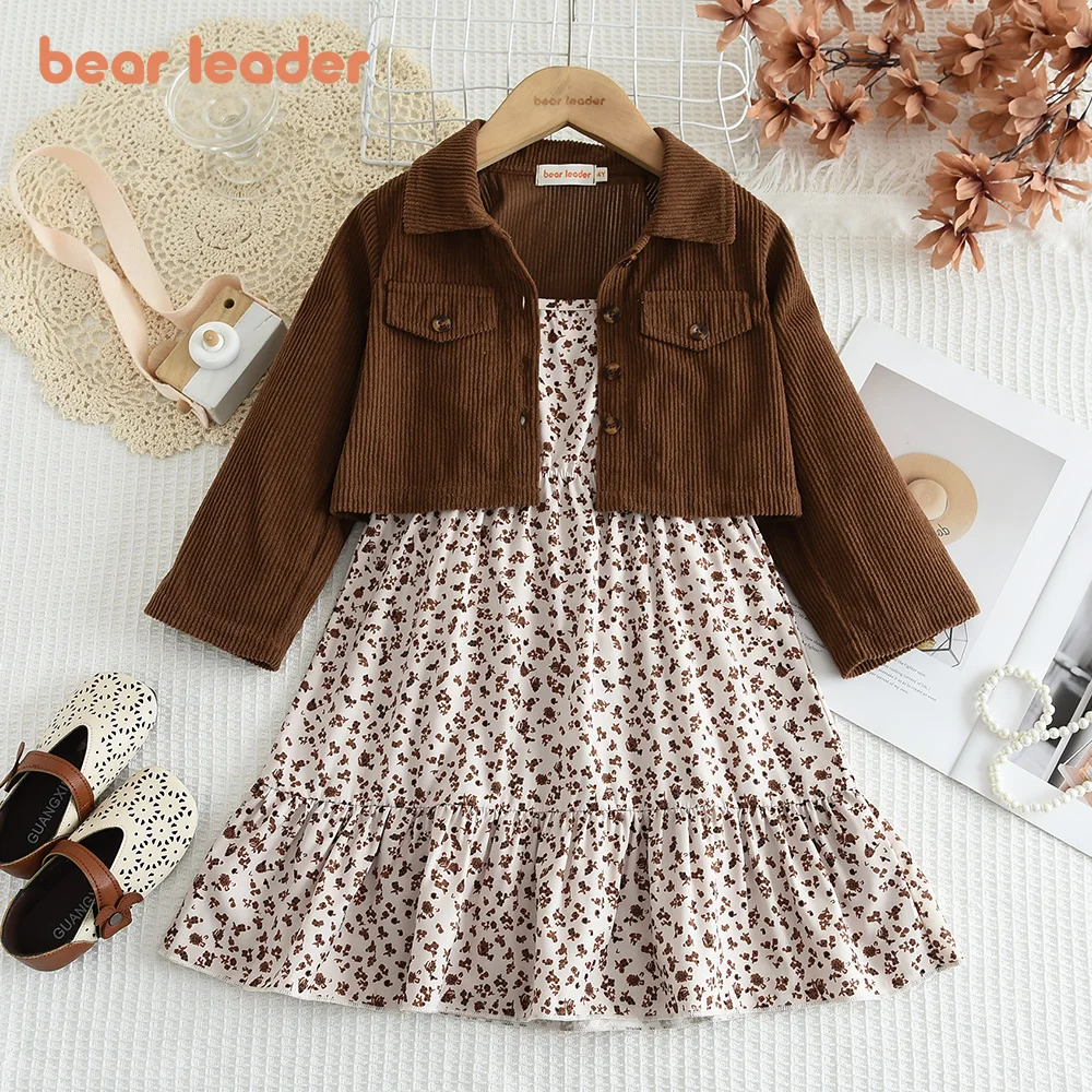 Bear Leader 2024 Autumn New Girl's Set Maillard Wind Light Core Velvet Brown Single Breasted Coat+Sleeveless Floral Skirt 2P