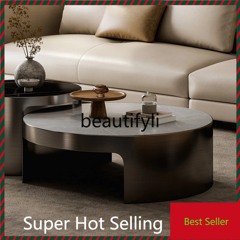 

Italian minimalist rock slab coffee table living room light luxury stainless steel size round simple modern coffee table G1218