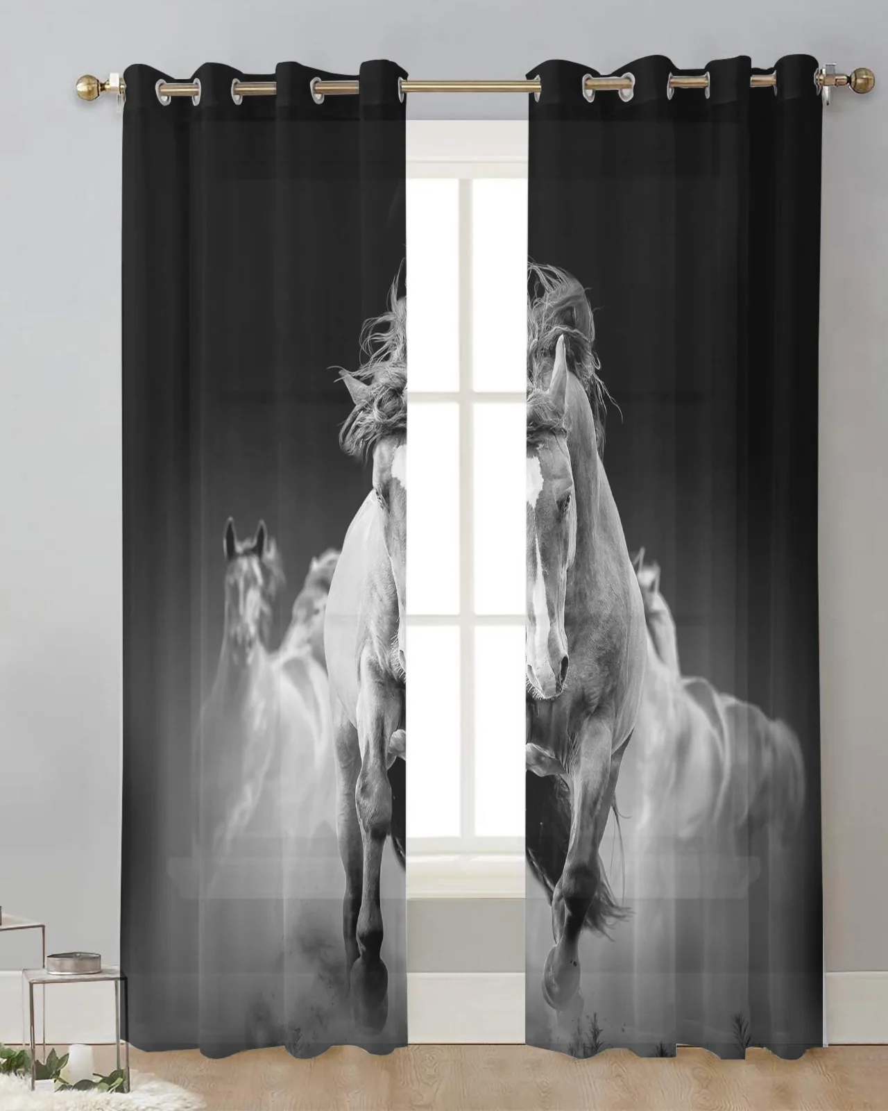 Animal Horse Running Black Sheer Curtains for Living Room Window Transparent Voile Tulle Curtain Home Decor Drapes