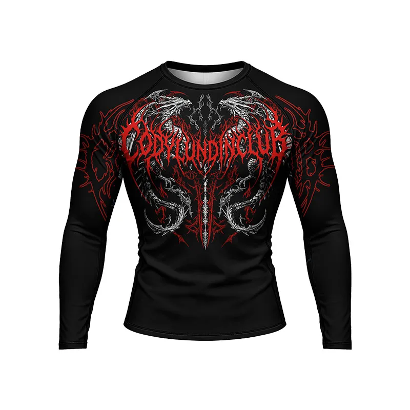Men 3D Dragon Tribal Totem Print Long Sleeve Compression Rash Guard MMA BJJ Boxing Wrestling Grappling Training Shirt