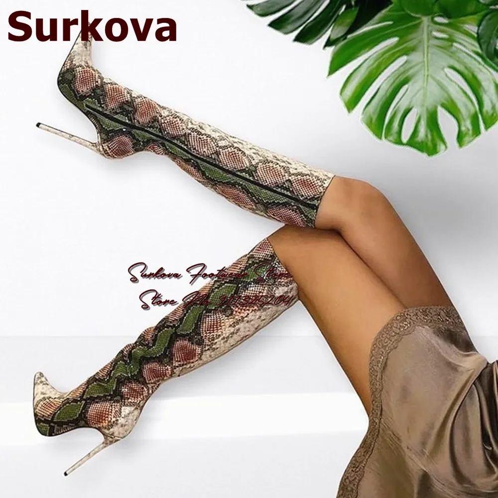 Surkova Green Yellow Multi-color Snakeskin Knee High Boots Sexy Thin high Heel Python Pattern Ponted Toe Dress Shoes Zipped