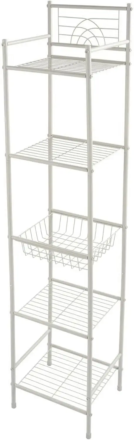 

5 Tier Freestanding Bathroom Storage Shelf, White Metal Organizer Rack, Rust Resistant, Space Saving, Toilet Paper Towel Holder