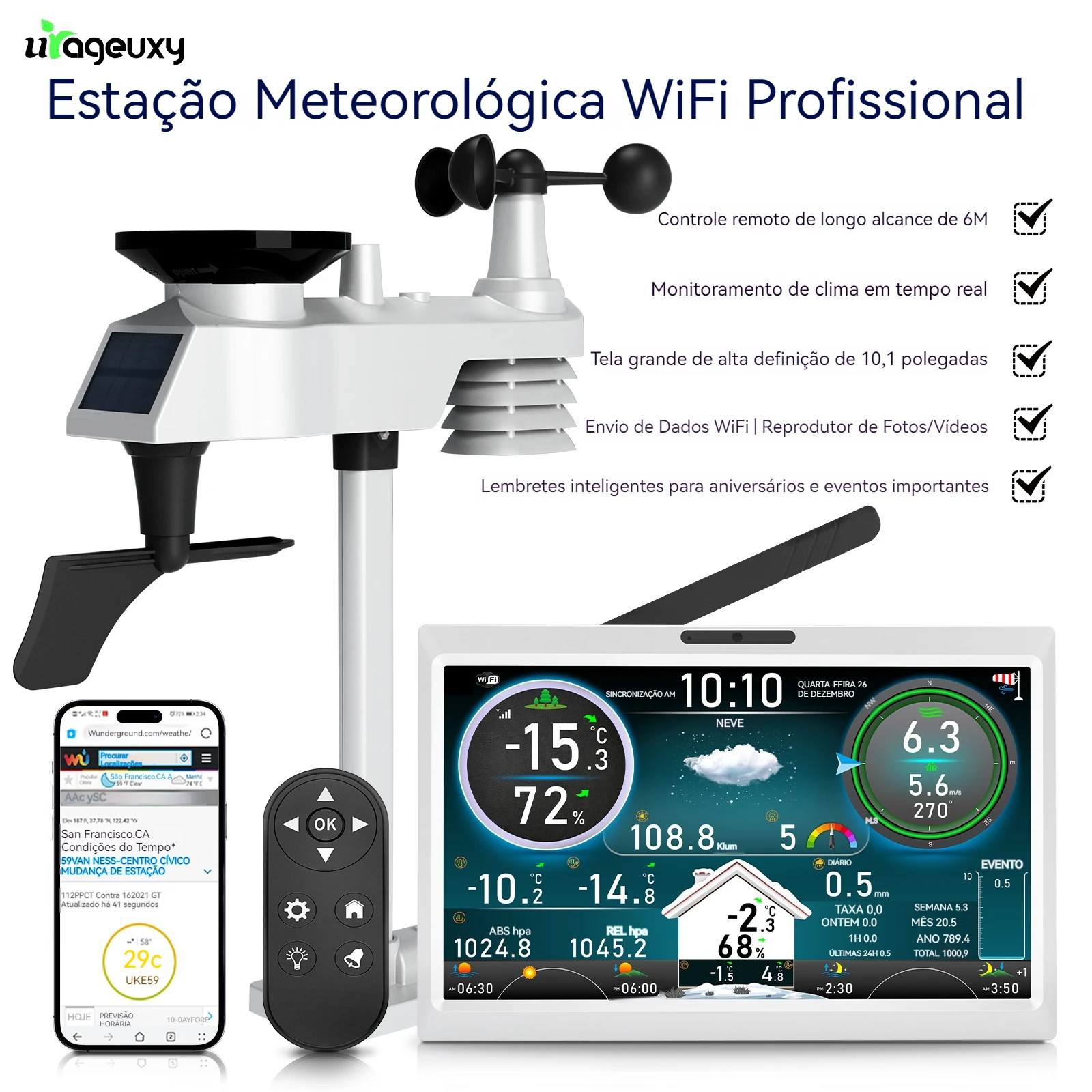 10.1 Polegada HD TFT Display WiFi Estação Meteorológica Sensor Externo Sem Fio com Controle Remoto Solar Digital Photo Frame Alarm