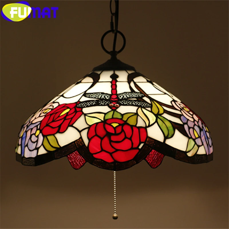 

FUMAT Tiffany Style Red Pink Rose Stained Glass Pendant Lamp Dragonfly Gemstone Handicraft Arts Home Decor Hanging Light Fixture