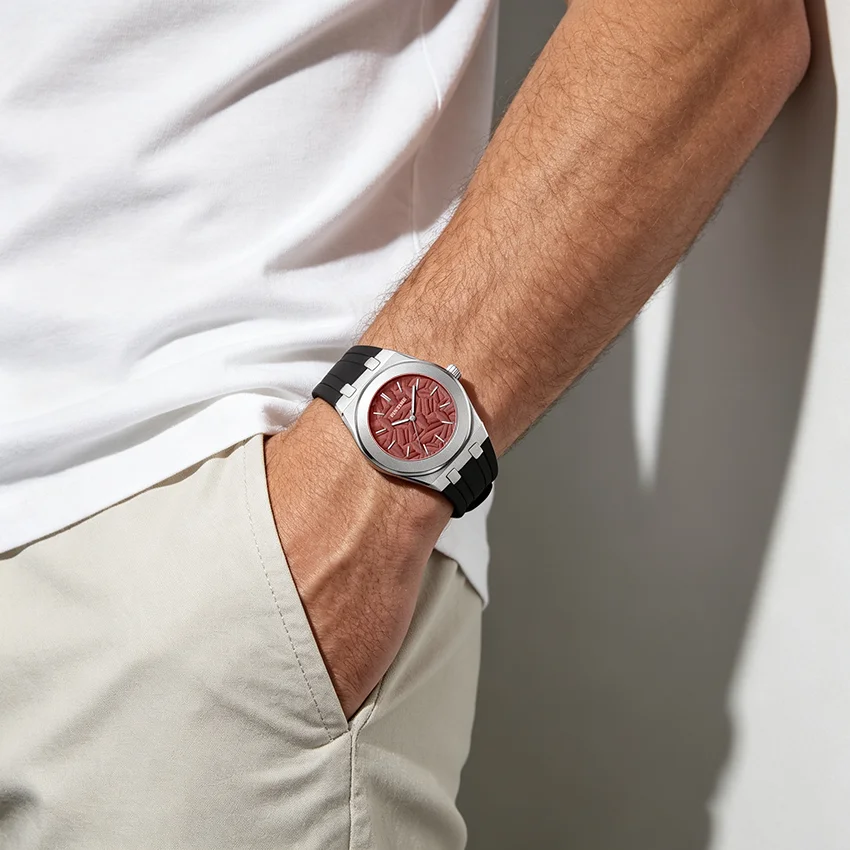 HOT Business Men's Watch Waterproof Leisure Quartz Watch Men's Clock Silicone Strap with  Leaf-shaped Dial Pattern Watch