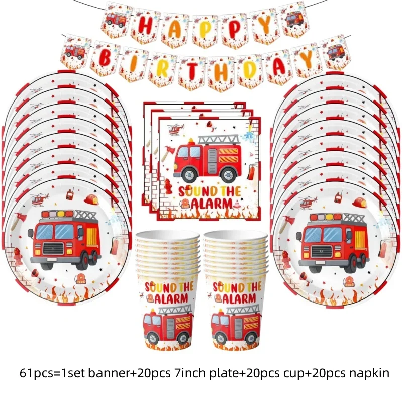 Feuerwehr-Party-Set: Teller, Becher, Servietten, Einweggeschirr, Flaggen, Banner, Geburtstagsdekoration, Feuerwehrmann-Partyballons, Kuchendekoration – Detail 7