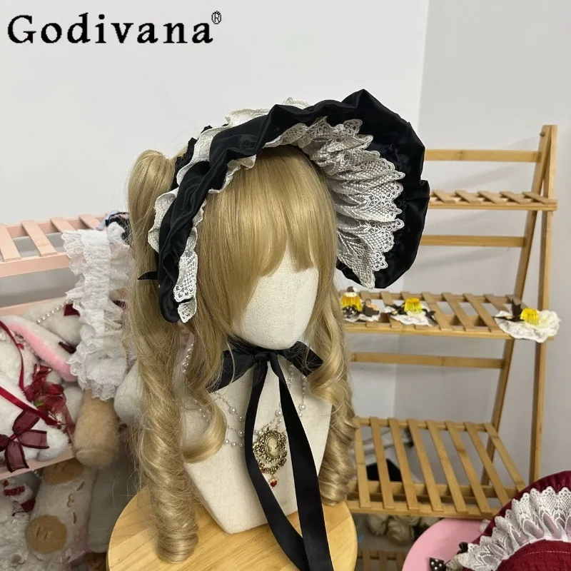 

Lolita Style Wine Red Hat for Women Japanese Style Sweet Lace Lolita Hair Accessories Female Black Color High Street Hats