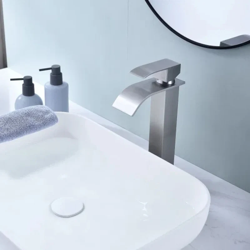 304 Waterfall Spout Faucet Silver High Square Single Handle Bathroom Sink High Bend with Pop-up Drain Pipe (no Overflow)