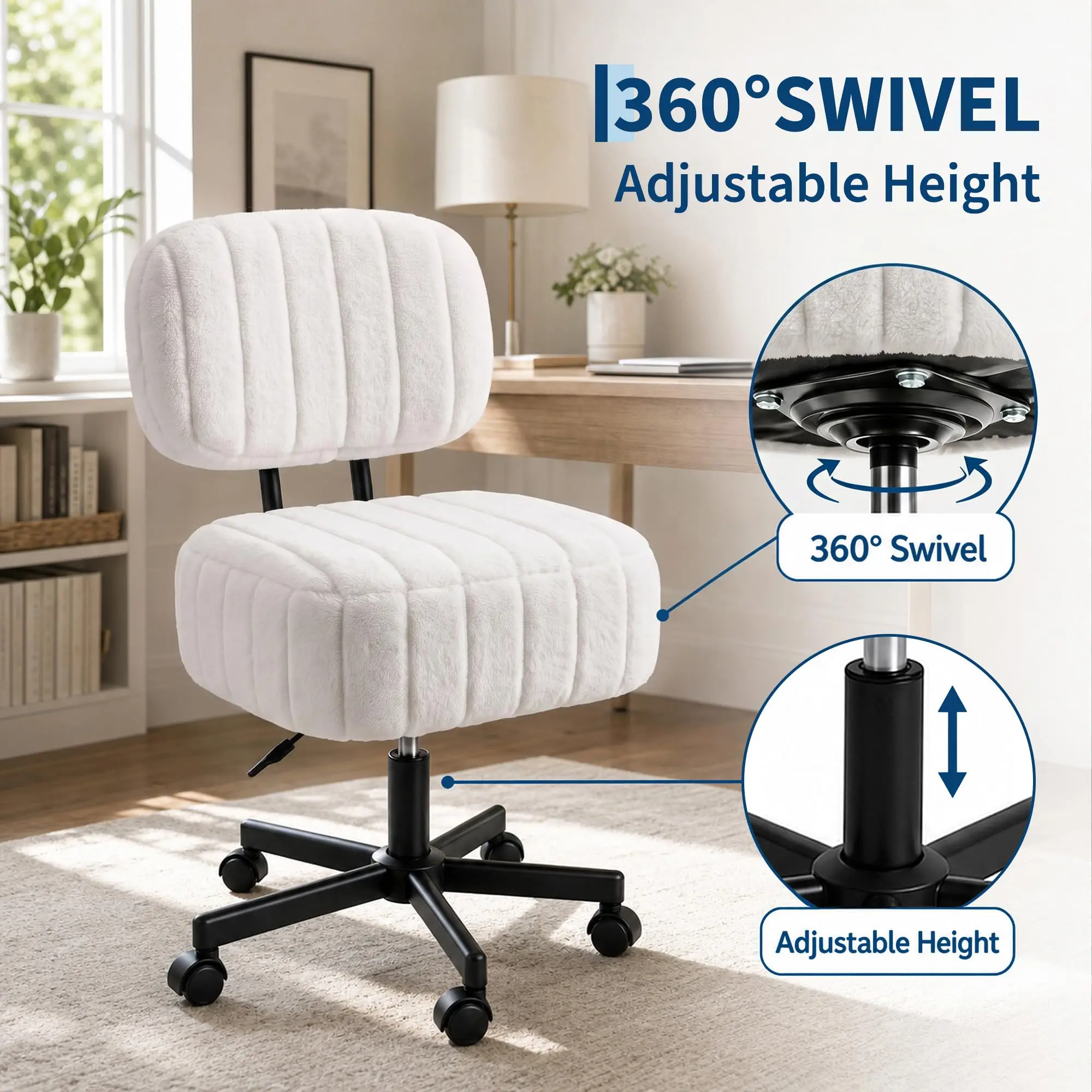Vanity Chair with Storage, Faux Rabbit Fur Makeup Stool With Wheels, Adjustable Swivel Rolling Dressing Chair For Bedroom Desk Dorm Room view 3
