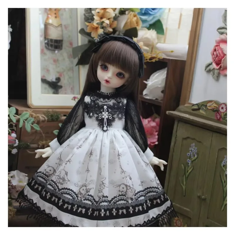

Белое платье BJD с принтом кролика для кукол BJD SD DD 1/4 1/6 входит повязка для волос, аксессуары для кукол