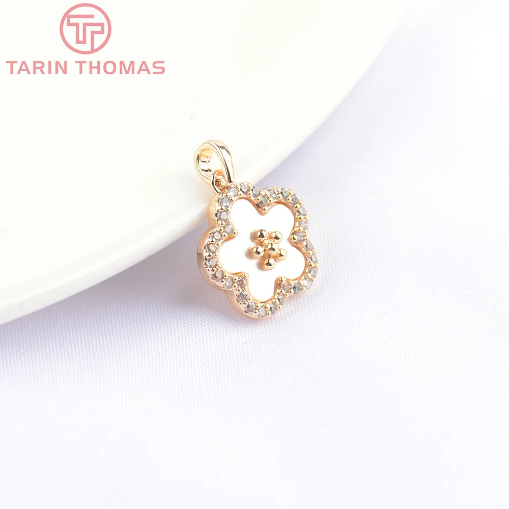 (5467) 2PCS 11.5MM 24K Gold Color Brass with Zircon Flower Charms Pendants High Quality DIY Jewelry Making Findings Wholesale