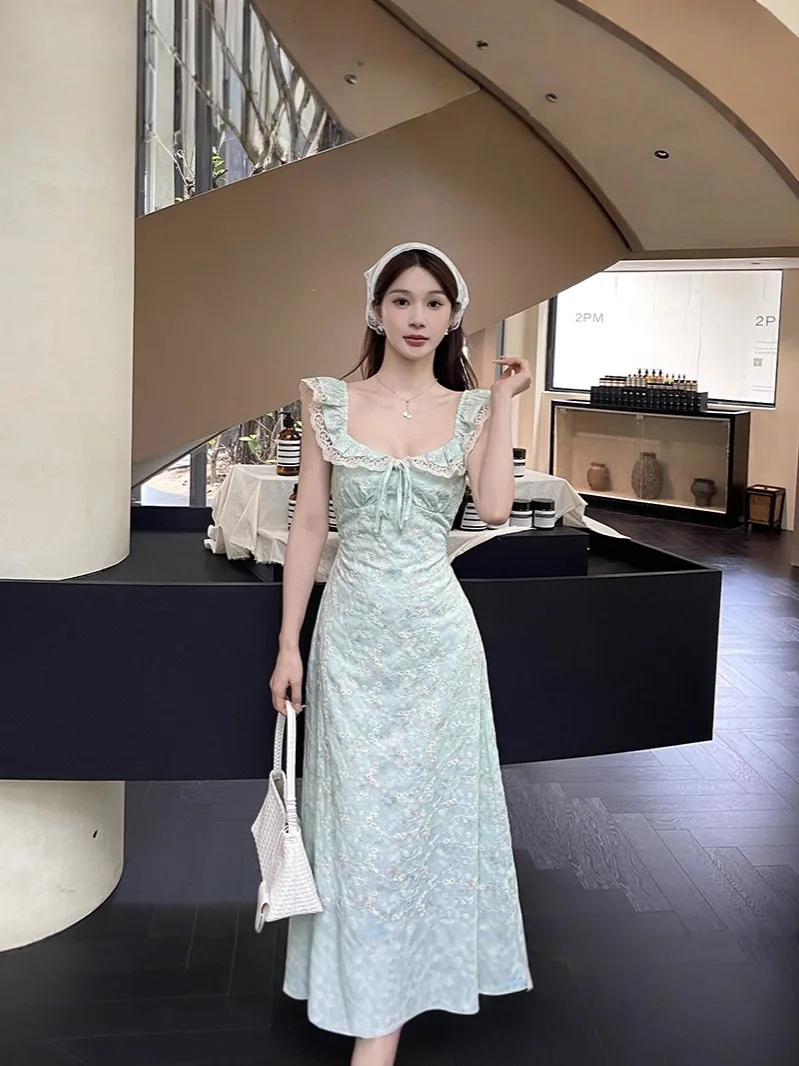French Retro Lace Ruffle Floral Square Neck Tie-waist Green A-line Dress For Women Slim-fit Mori Girl Prairie Chic Spliced Skirt
