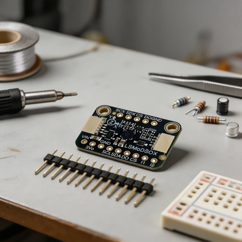 LSM6DSOX Accelerometer Gyroscope Motion Unit Board with Bus Link, Pad Text, and Two Event Lines for Control Work and Orientation