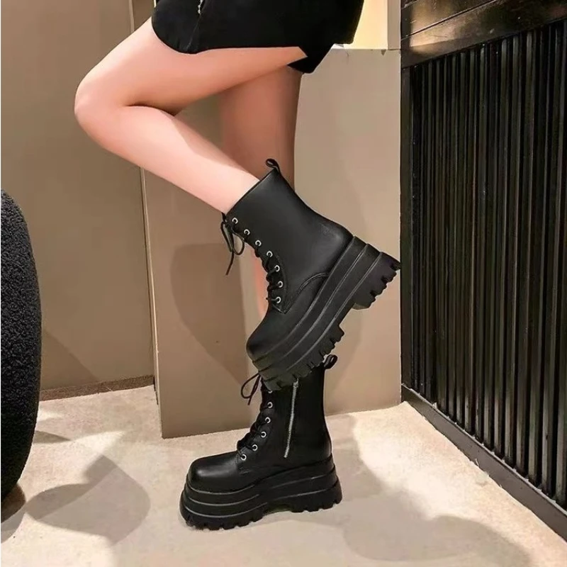 2024 New Autumn and Winter Shoes Women\'s Boots Gothic Chunky High Top Biker Boots Punk Chunky Fashion Ankle Boots